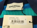 a close up of a blue and green striped sweater with a tag on it