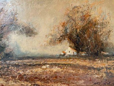 une peinture à l'huile représentant une scène de campagne avec une maison blanche au loin