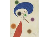 an image of a painting of a woman with a blue hat and a red dress