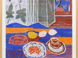 an image of a painting of a table with a bowl of fruit and a plate of fruit