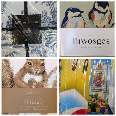 plusieurs photos de divers articles exposés sur une table dans un magasin