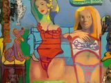 a painting of two women sitting on a chair