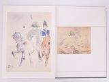 an open book with a drawing of a man riding a horse next to a drawing of a man on a horse