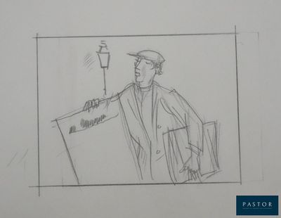 un dessin représentant un homme tenant une pancarte à la main