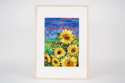a painting of sunflowers in a field with a blue sky in the background