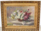 une peinture de fleurs dans un vase sur une table