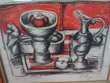 a drawing of a bowl of fruit and a vase of flowers
