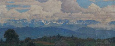 tableau représentant une vue sur une chaîne de montagnes avec quelques nuages