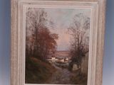 a painting of a landscape with a river and trees in the foreground