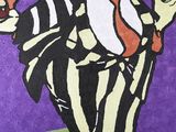 painting of a man in a striped suit and tie holding a cell phone