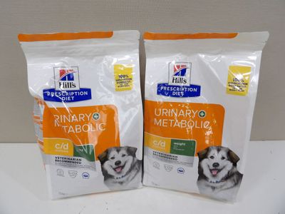 deux sacs de croquettes posés sur une table blanche