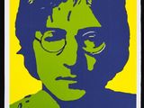 a painting of a man with glasses on a yellow and blue background