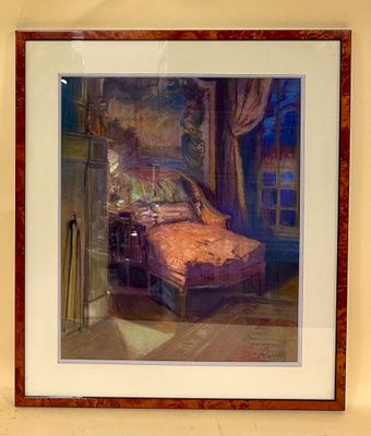 painting of a bed in a room with a window in the background