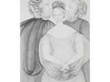a black and white drawing of three people standing next to each other