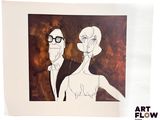 a painting of a man and a woman wearing glasses