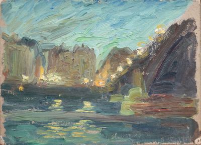 une peinture à l'huile représentant une rivière avec des rochers et de l'eau