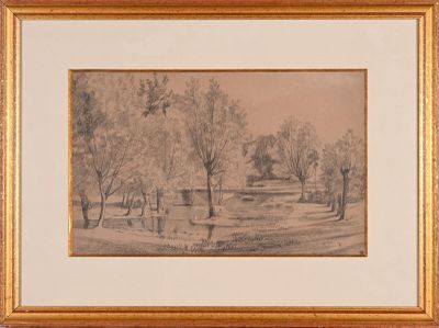 a drawing of a landscape with trees and a bench in the foreground