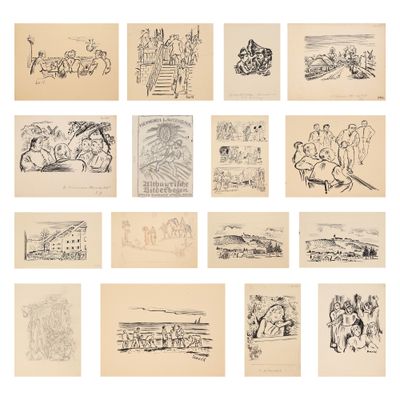 Plusieurs dessins représentant des personnes et des animaux sont représentés sur un fond blanc.