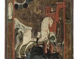 un vieux tableau représentant un homme à cheval avec un autre homme à cheval