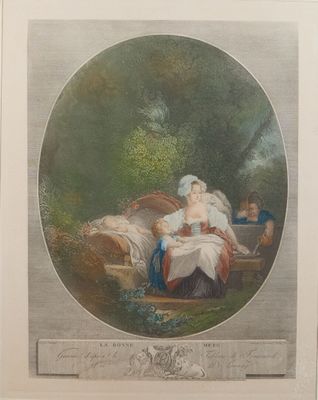 an old painting of a woman laying on a bed in a wooded area