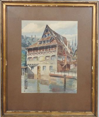 une image représentant un tableau d'un bâtiment au bord d'une rivière