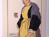 un dessin d'une femme en robe jaune tenant un sac à main