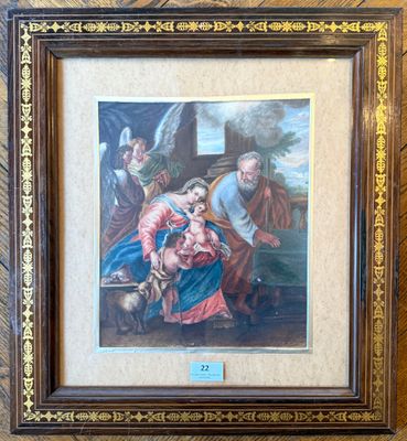 Ecole du XIXème siècle, La Sainte Famille, huile sur carton.