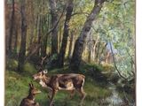 painting of two deer in a forest with a stream in the foreground