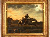 une peinture à l'huile représentant un homme à cheval, avec un chien au premier plan