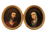 two oval paintings of jesus and a woman in a red dress