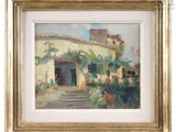 a painting of a house with a garden in front of it
