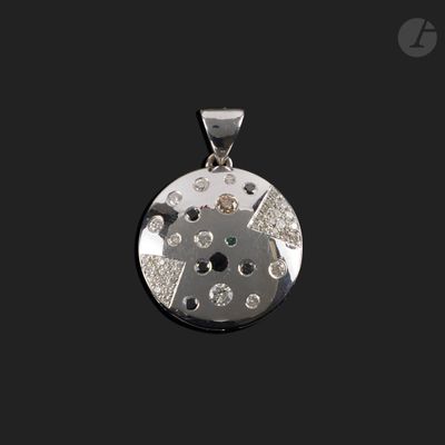 an image of a silver pendant with diamonds on a black background