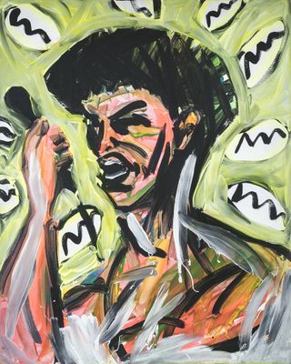 painting of a man holding a cell phone up to his ear