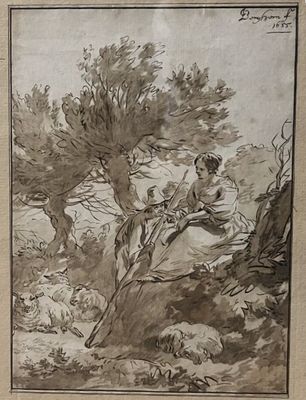 un vieux dessin représentant une femme assise sur un rocher dans un environnement boisé