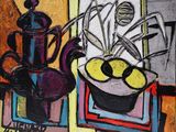 a painting of a teapot and a bowl of fruit on a table