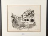 drawing of a street scene with a horse and carriage in front of a building