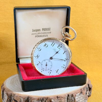 a pocket watch sitting in a box on a tree stump