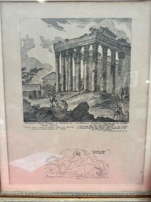 une vieille photo représentant un dessin d'un bâtiment, dans un cadre