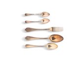 four forks and spoons are arranged in a row on a white surface