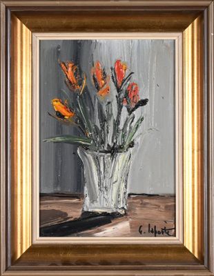 a painting of orange flowers in a vase on a table