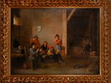 an image of a painting of a group of people in a barn