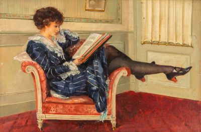 un tableau représentant une femme assise sur une chaise en train de lire un livre