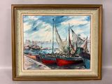 une peinture à l'huile représentant des bateaux amarrés dans un port par une journée ensoleillée