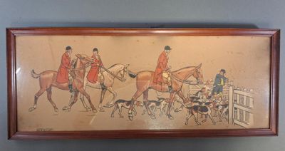 tableau représentant un groupe d'hommes à cheval, avec un chien au premier plan