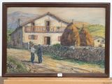 a painting of two men standing in front of a building