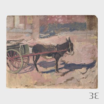 un tableau représentant un cheval tirant une calèche dans laquelle se trouve un homme