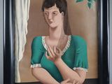 an image of a painting of a woman in a green dress