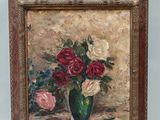une peinture de roses dans un vase sur une table