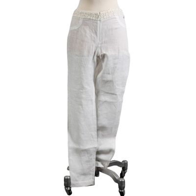 white linen pants on a mannequin stand on a white background