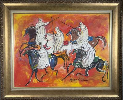 tableau représentant trois hommes à cheval, alignés, sur un fond orange